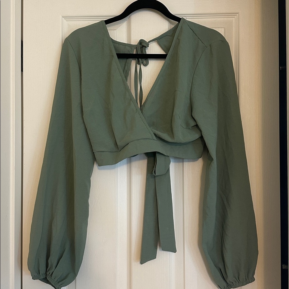 Green Women's Wrap Top crop shirt tie back long sleeve